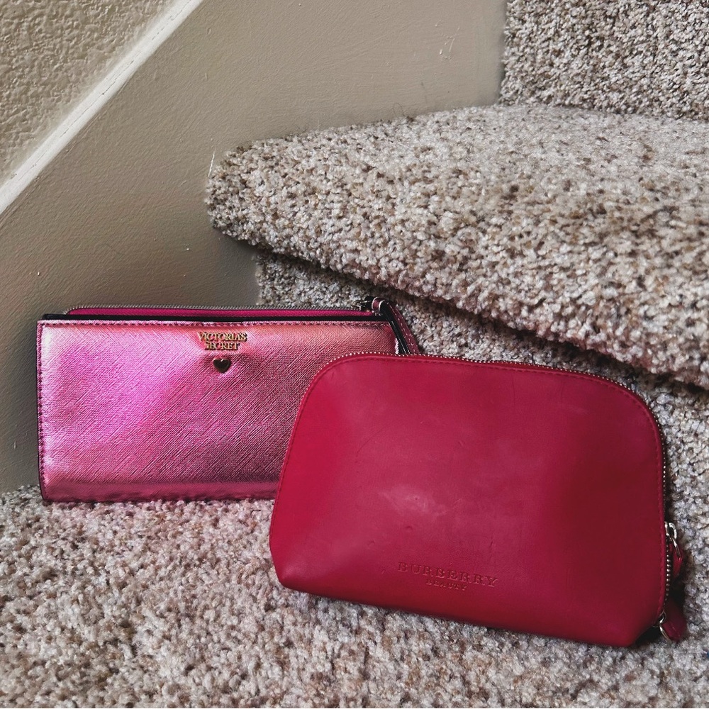 BURBERRY Travel Pouch with Victoria's Secret Metallic Pink Zip Wallet bundle